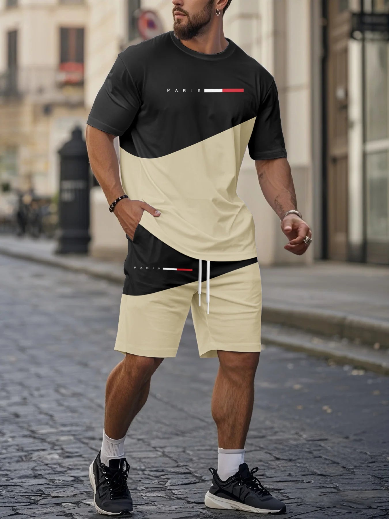 Striped Print Short-Sleeve Sports Set