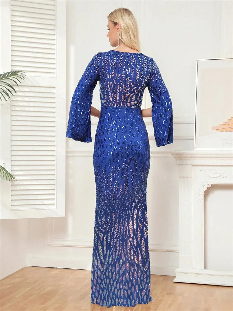 Luxury Blue Slit Long Sleeve Cocktail Dress