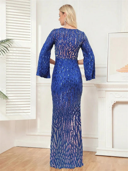 Luxury Blue Slit Long Sleeve Cocktail Dress