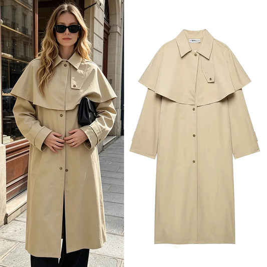 Cape-Overlay Trench Coat
