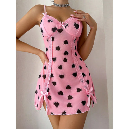 Heart Print Bow Camisole Nightgown