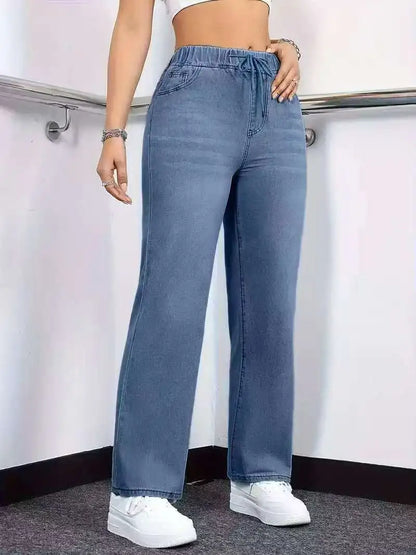 Elastic Drawstring Straight-Leg Jeans