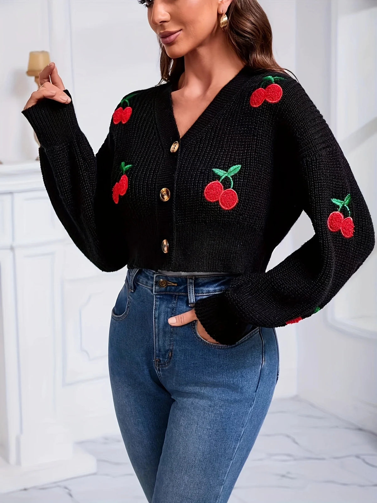Cherry Embroidered V-Neck Cardigan