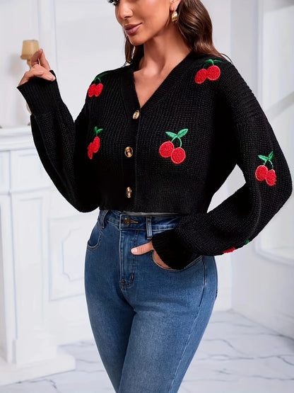 Cherry Embroidered V-Neck Cardigan
