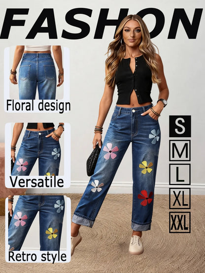 Floral Embroidered Straight Jeans