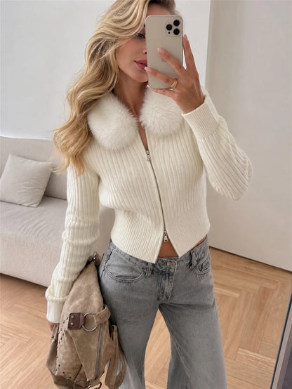Faux Fur Collar Zip Cardigan
