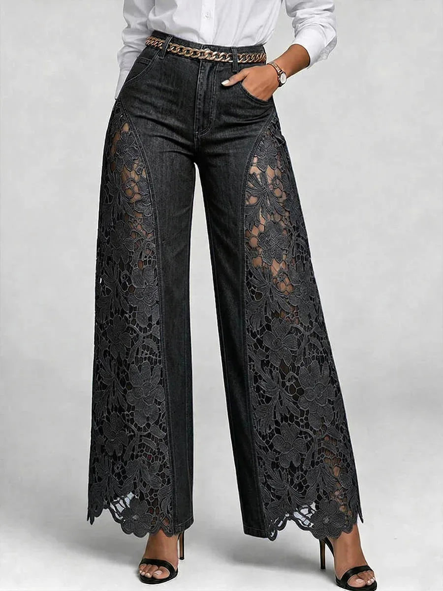 Lace Hollow-Out Wide-Leg Jeans
