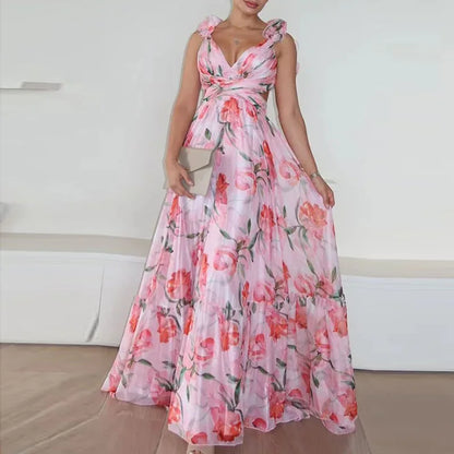 Floral Ruffle Backless Maxi Dress