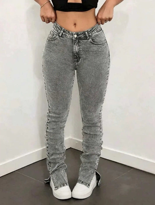 Grey Stacked Slit-Hem Jeans
