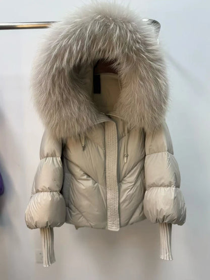 Hooded Puffer Coat with Fur Collar