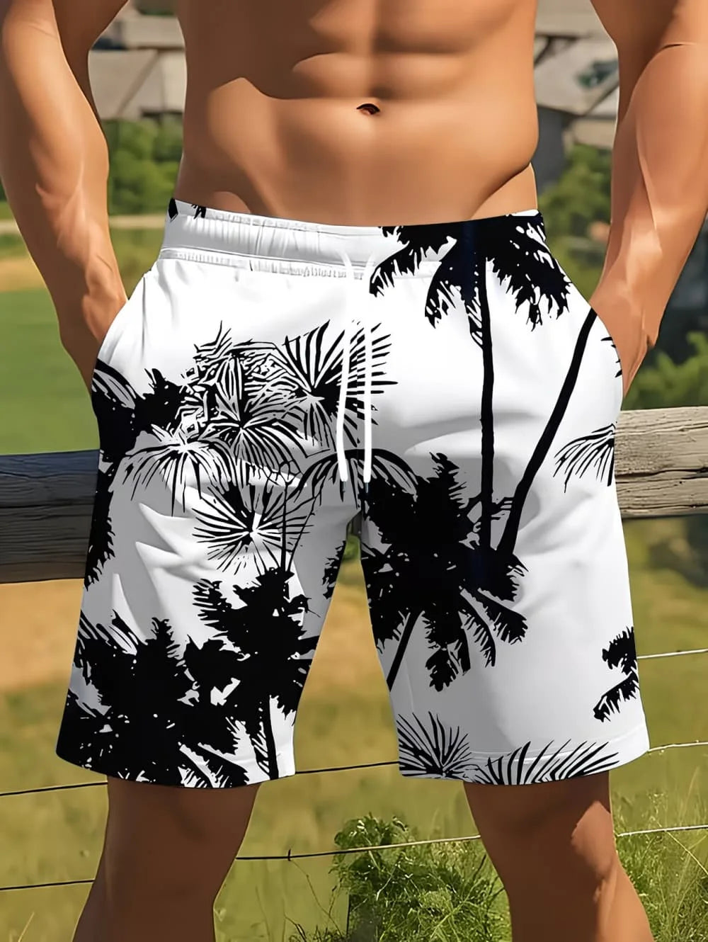 Coconut Tree Print Swim Trunks