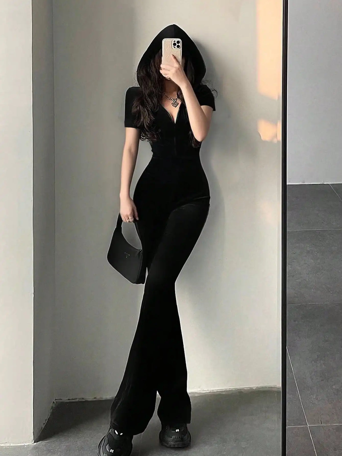 Hooded Velvet Zip-Front Jumpsuit