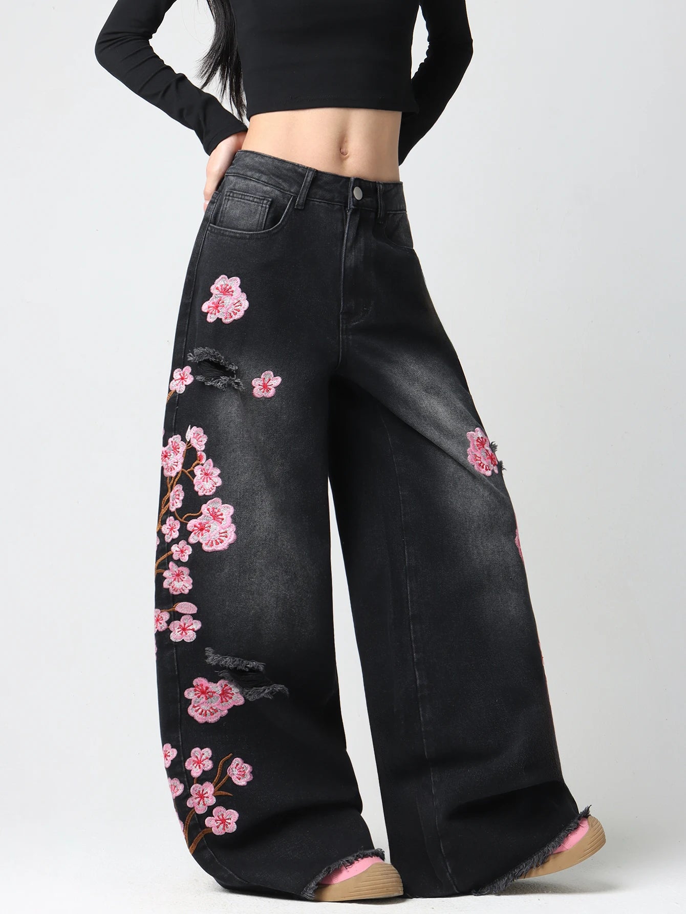 Embroidered Distressed Wide-Leg Jeans