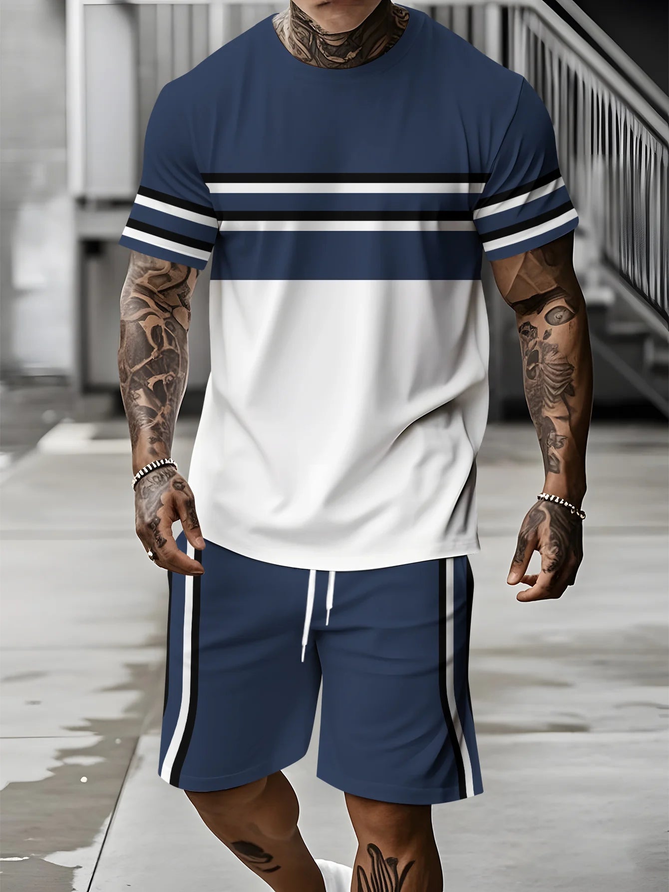 Striped Print Short-Sleeve Sports Set
