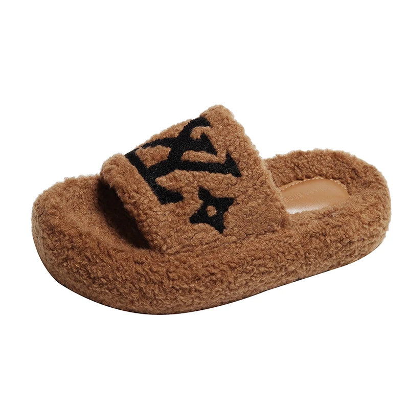 Flannel Plush Platform Slippers