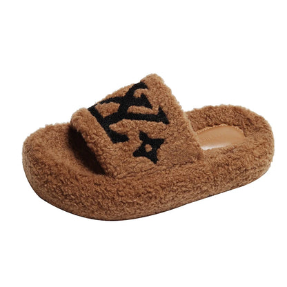 Flannel Plush Platform Slippers