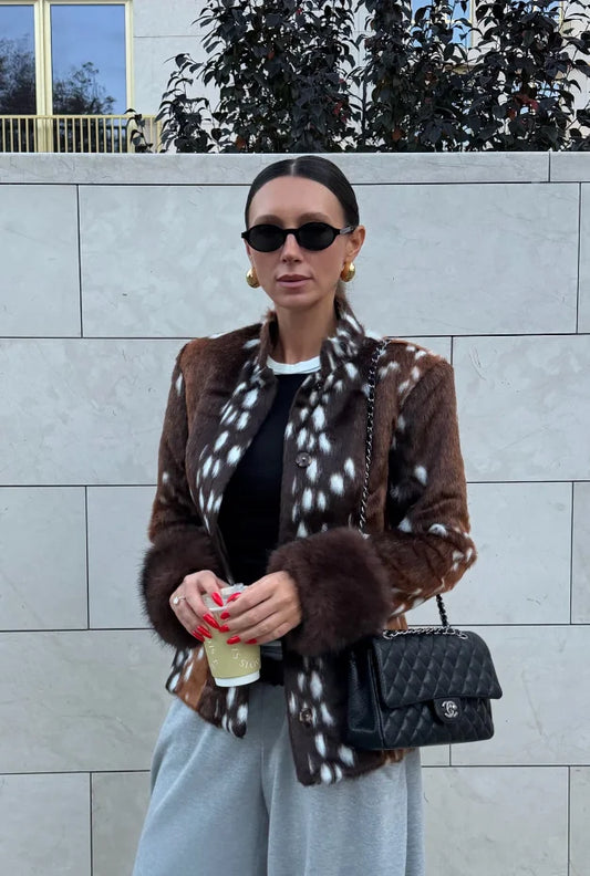 Deer Print Faux Fur Jacket
