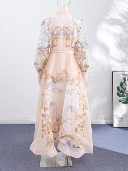 Lace Print Flare-Sleeve Maxi Dress