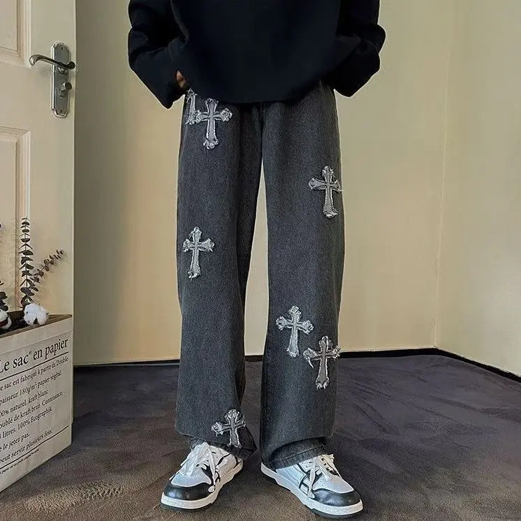 Cross Embroidery Loose Streetwear Jeans
