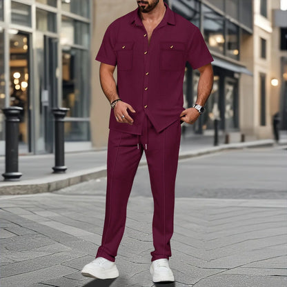Waffle Button Shirt Trousers Set