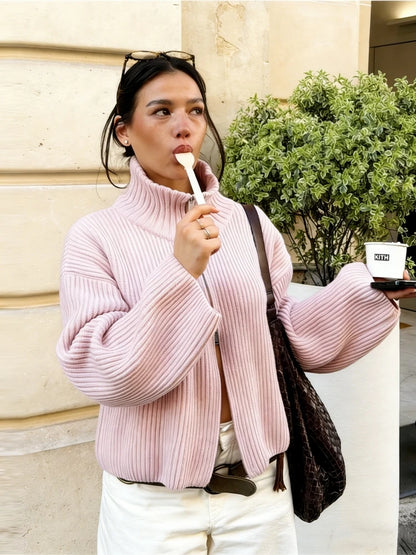 Striped Zip-Up Knit Cardigan