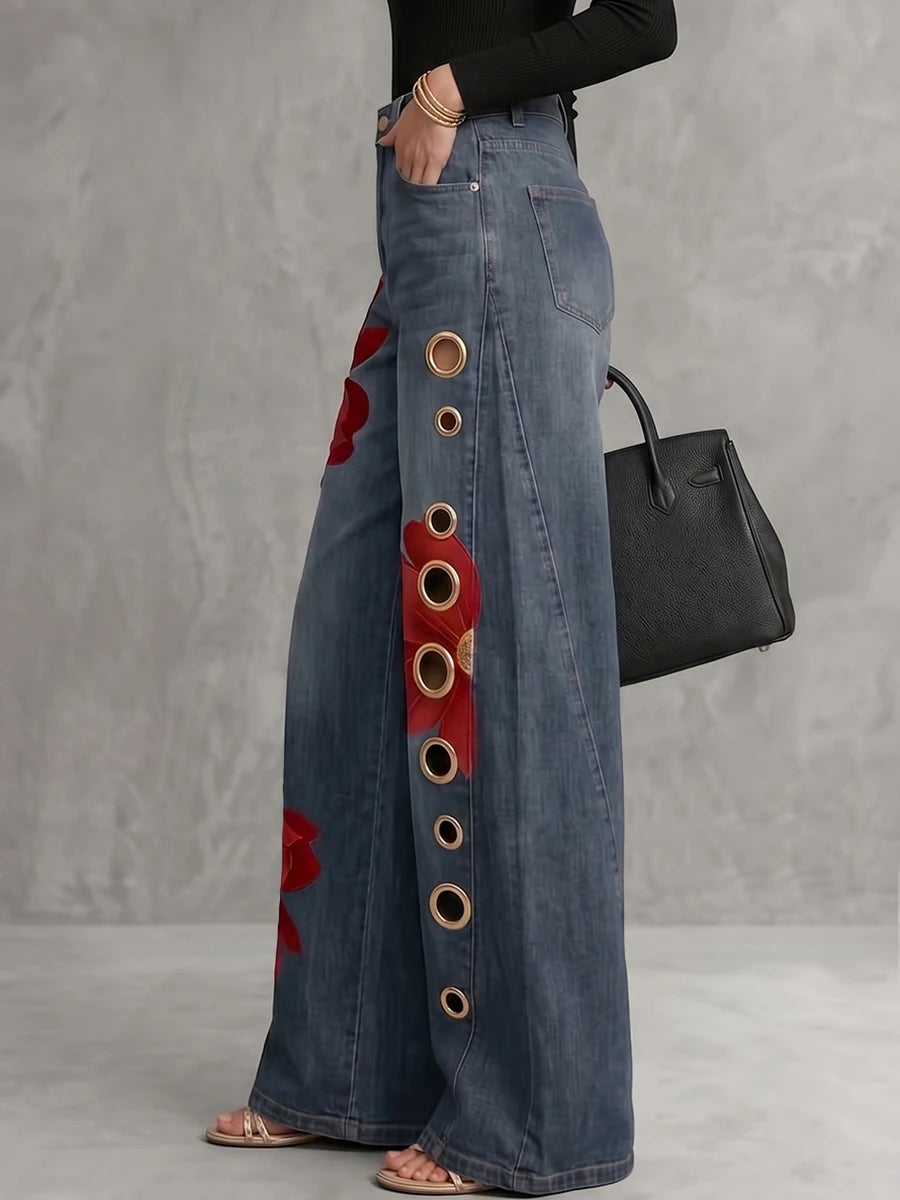 Hollow-Out Flower Wide-Leg Jeans