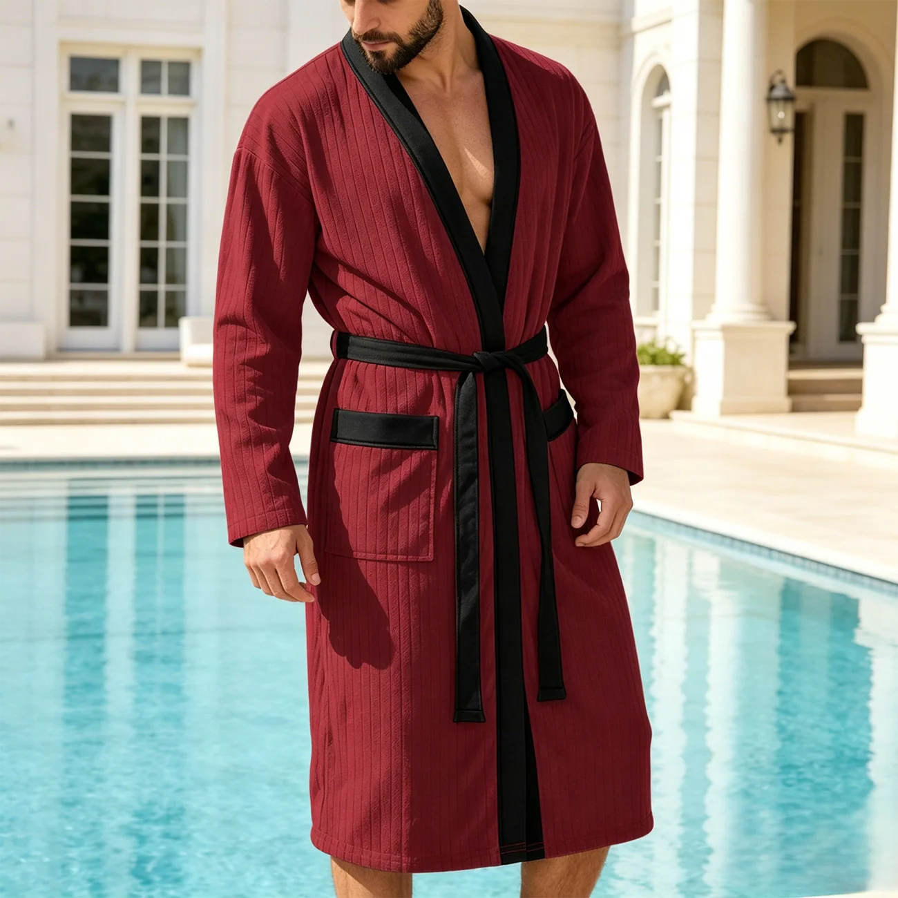 Long Patterned Belted Bathrobe