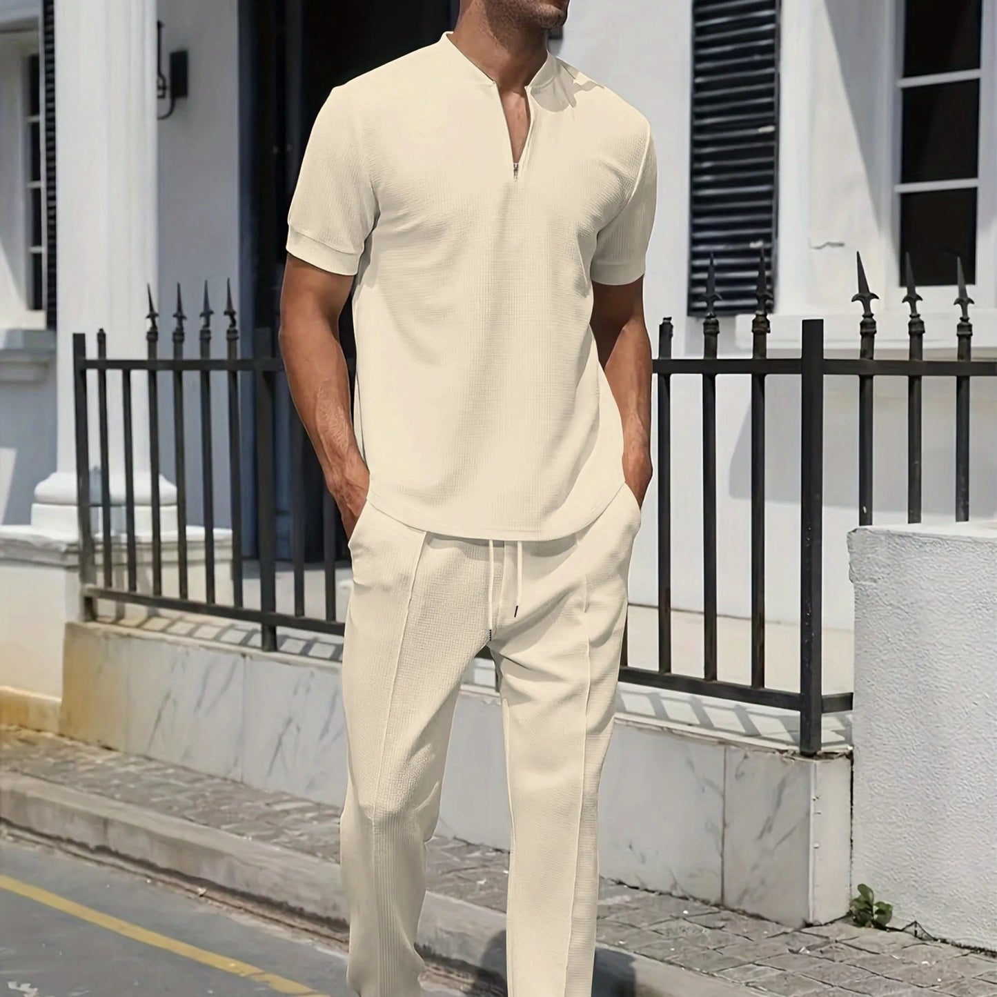 Waffle Polo Stand-Collar Trousers Set