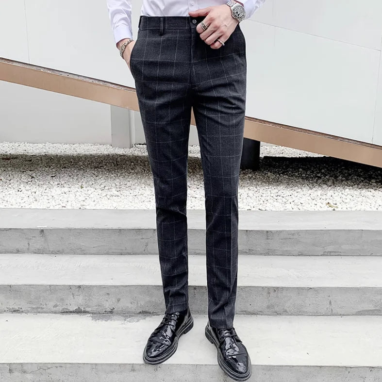 Plaid Striped Slim Suit Trousers