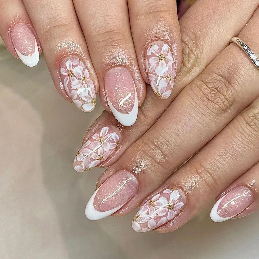 Pink Floral Press Nails