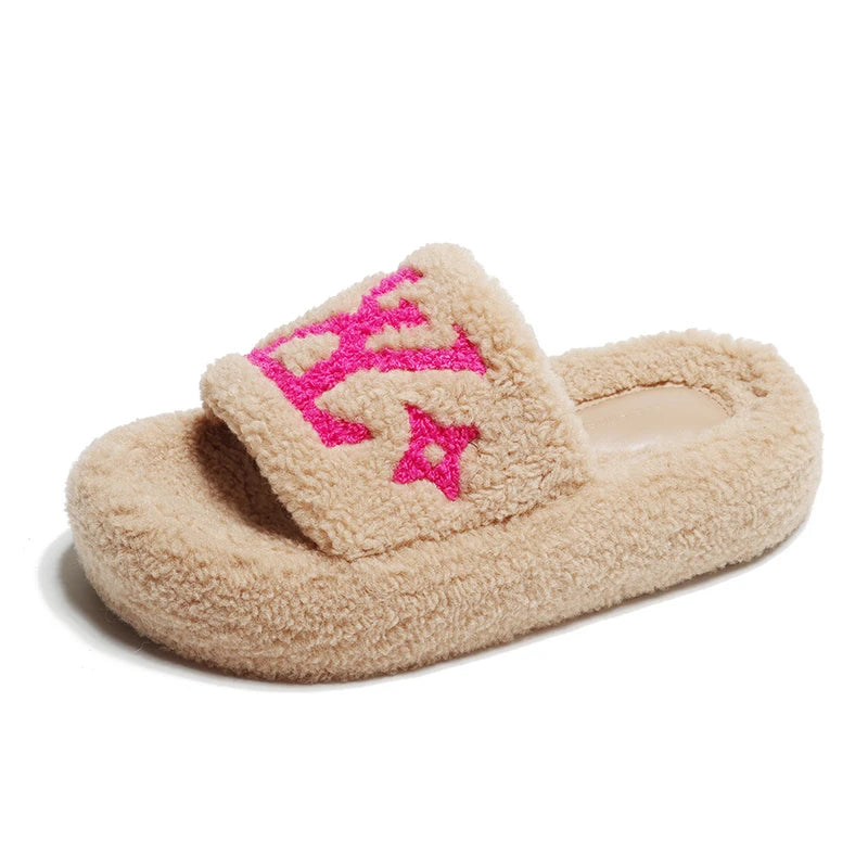 Flannel Plush Platform Slippers