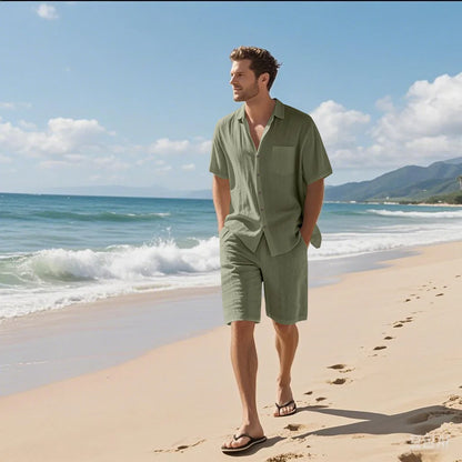 Linen Lapel Beach Shirt Shorts Set