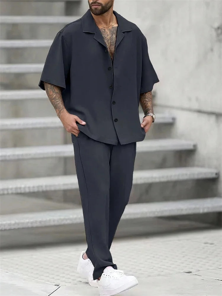 Striped 3D Print Lapel Shirt Set
