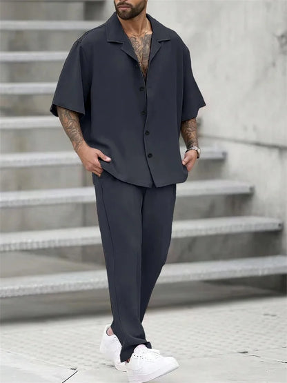 Striped 3D Print Lapel Shirt Set
