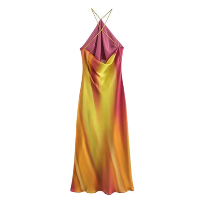 Printed Satin Halter Midi Dress