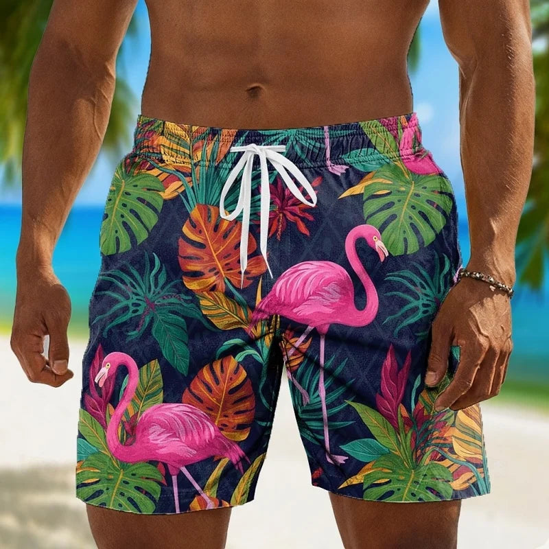 Rooster Flamingo Graphic Swim Trunks