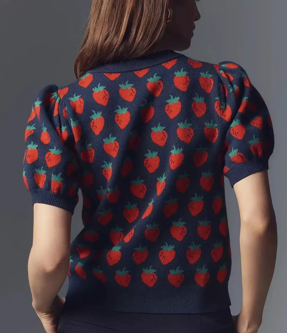 Strawberry Jacquard Puff Sleeve Sweater