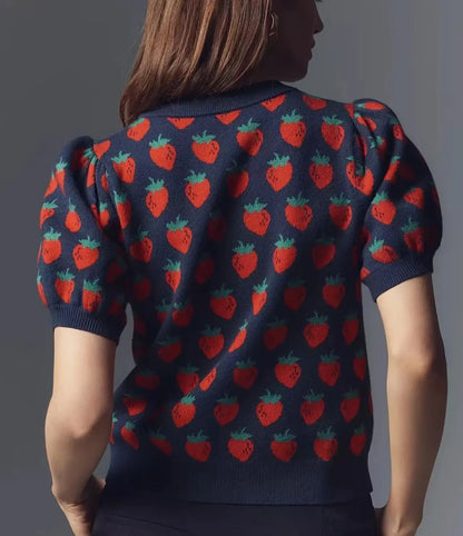Strawberry Jacquard Puff Sleeve Sweater
