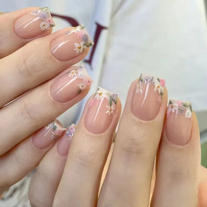 Pink Floral Almond Press On Nails