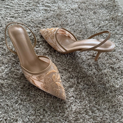 Embroidered Mesh Slingback Pumps
