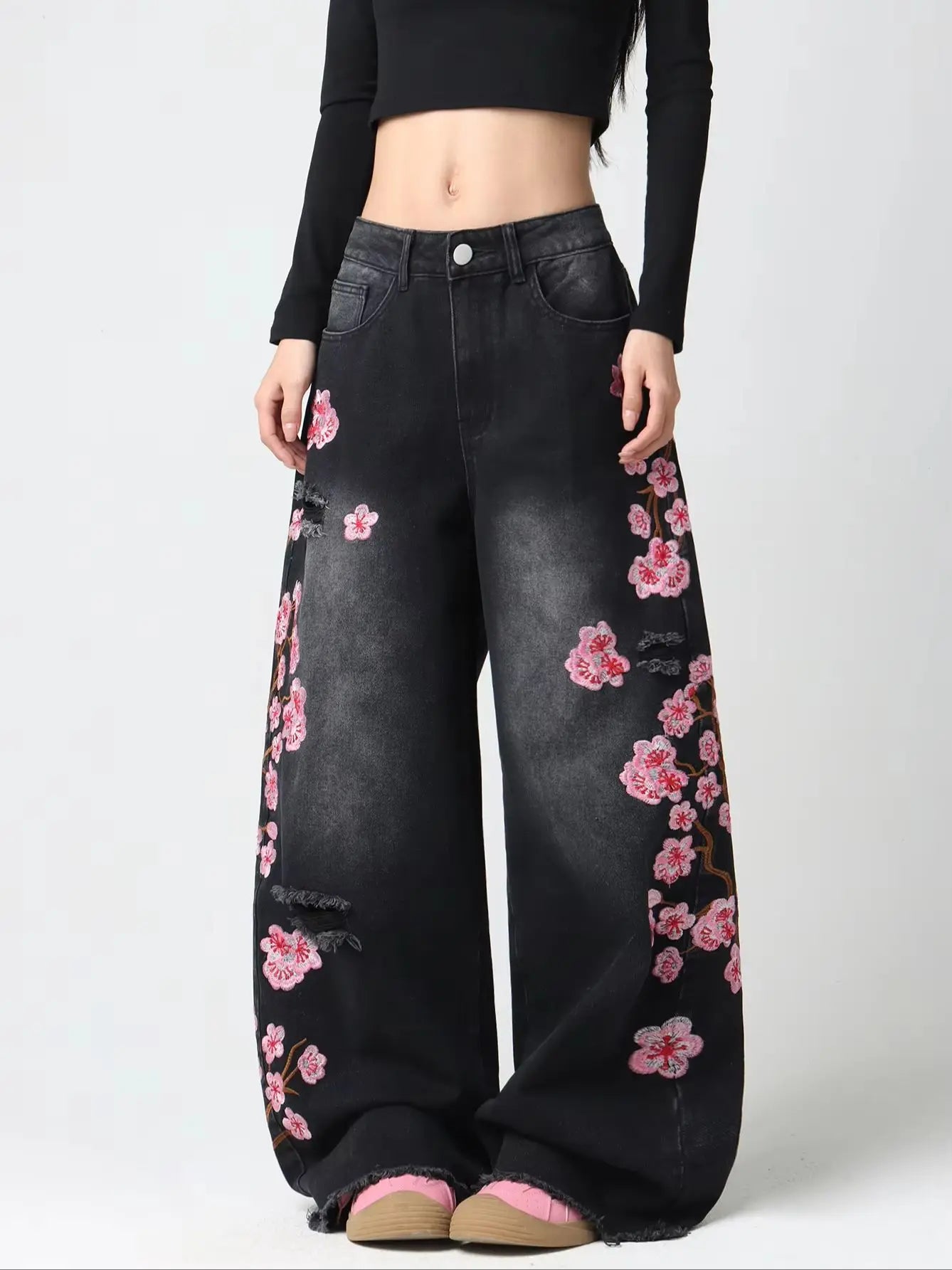 Embroidered Distressed Wide-Leg Jeans