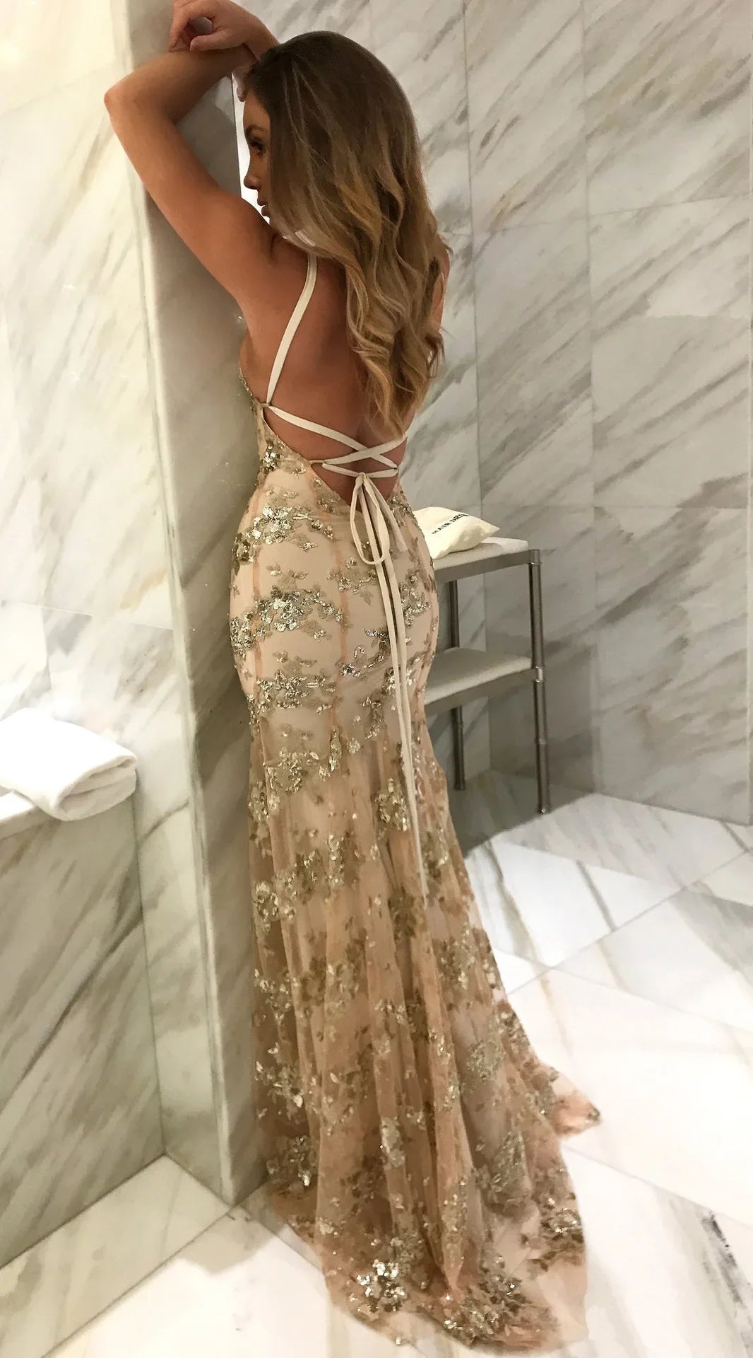 Sequin Backless V-Neck Dress