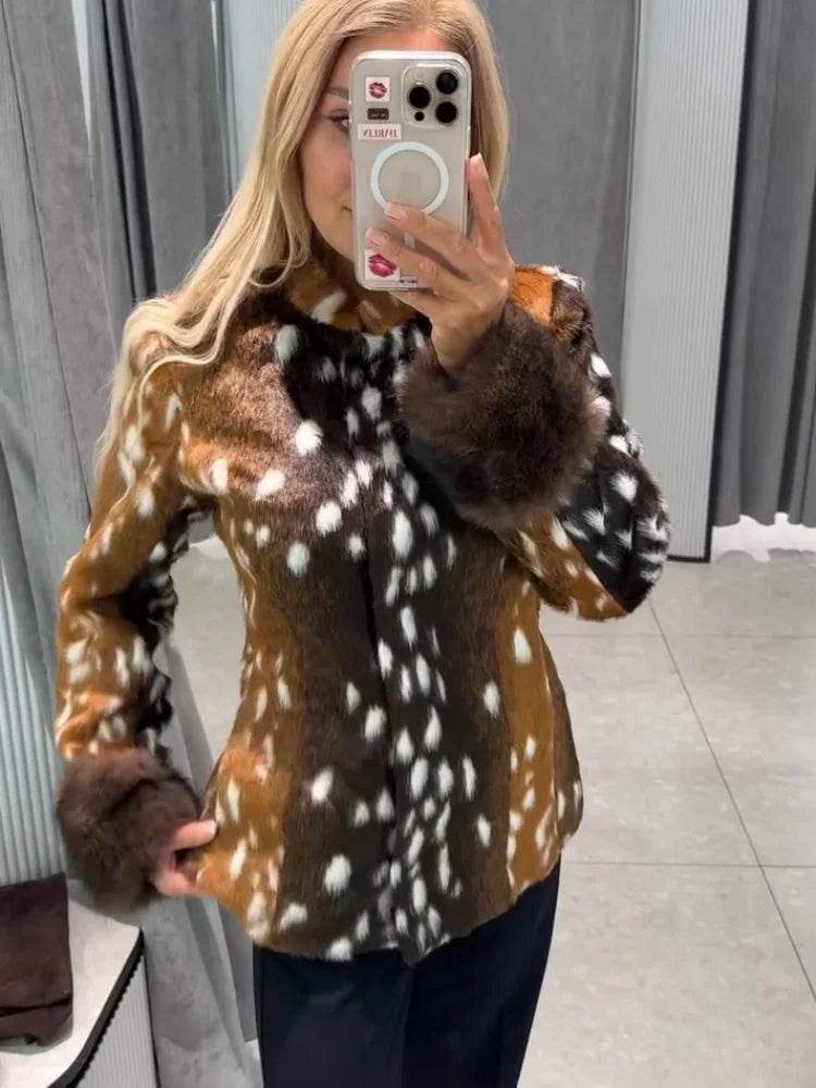 Deer Print Faux Fur Jacket