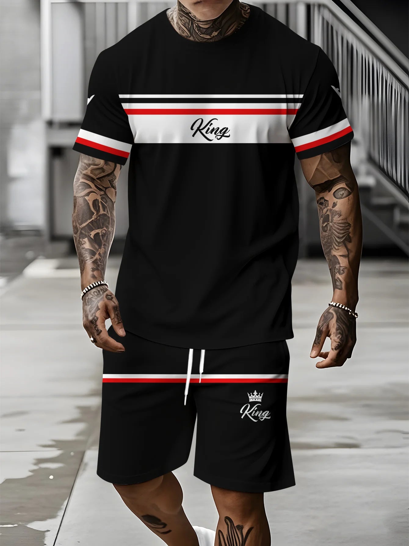 Striped Print Short-Sleeve Sports Set