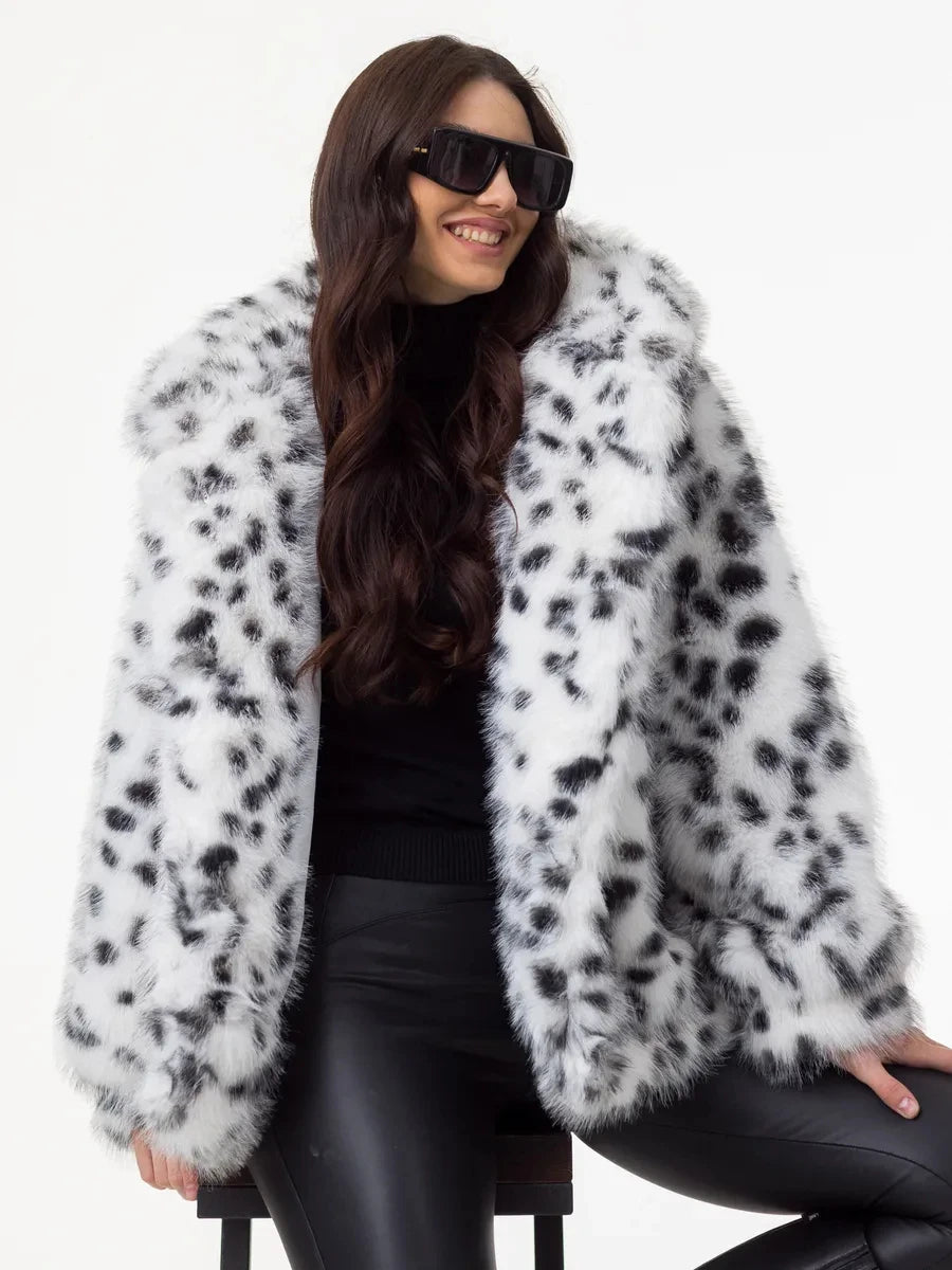 Hooded Snow Leopard Faux Fur Coat