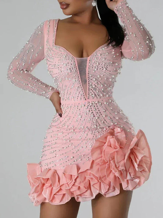 Elegant Beaded Ruffle Party Dress
