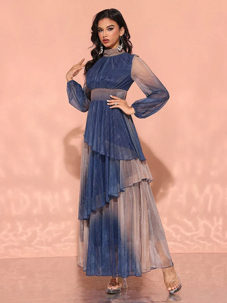 Gradient Lantern Sleeve Evening Dress
