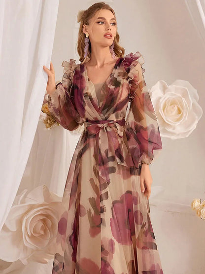 Floral Lantern Sleeve Maxi Dress