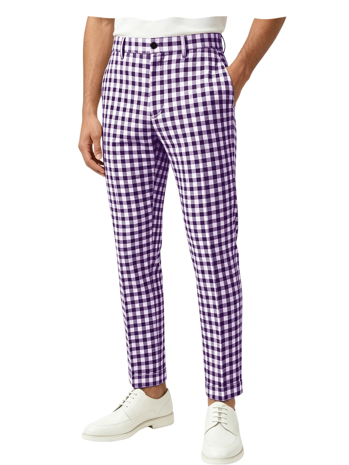Blue White Checkered Slim Trousers