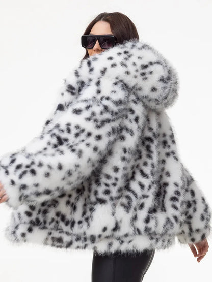Hooded Snow Leopard Faux Fur Coat